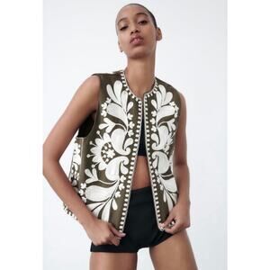 ZARA OLIVE GREEN CONTRAST EMBROIDERED VEST SIZE MEDIUM WOMEN